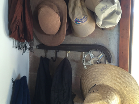 Figure 15. Coat and hat hooks made from salvaged bicycle parts at BICAS, the neighborhood bicycle cooperative