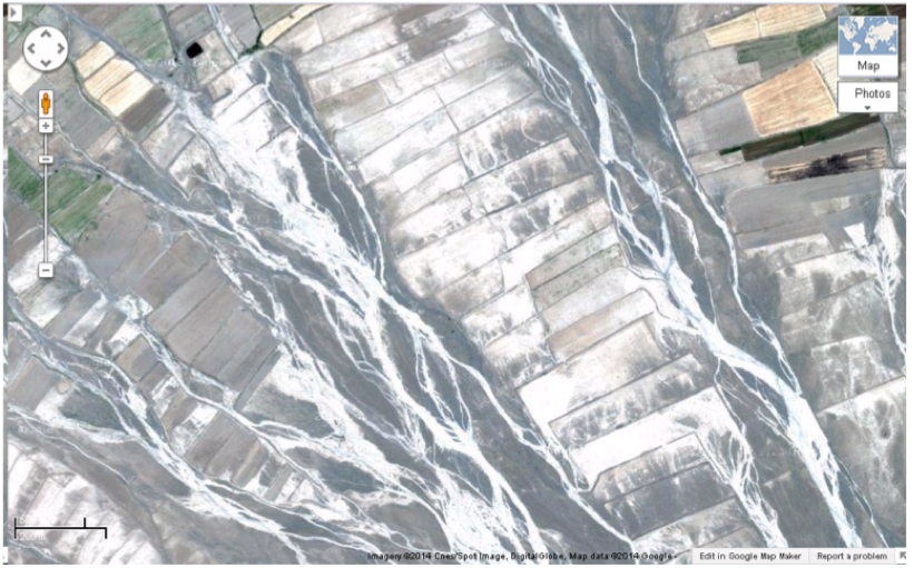 Figure 3. Closer view of ephemeral streams and adjoining bandsar fields from Google Earth