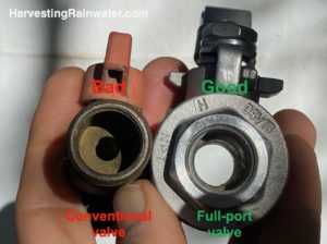 Standard constricted valve on the left—bad for gravity-fed rainwater systems. Full-port ball valve on the right – great for gravity-fed water systems.