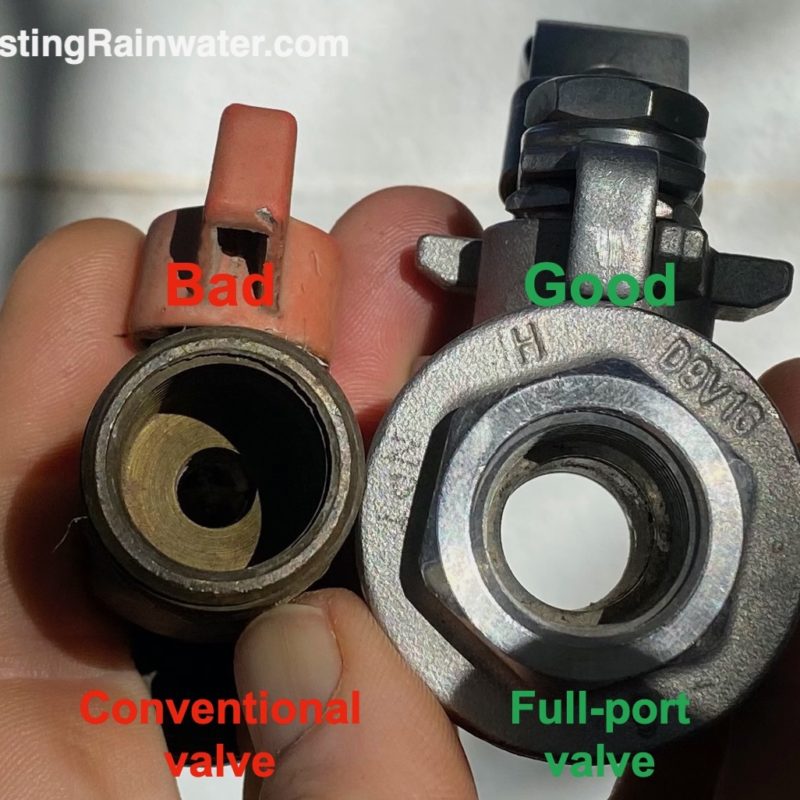Standard constricted valve on the left—bad for gravity-fed rainwater systems. Full-port ball valve on the right – great for gravity-fed water systems.