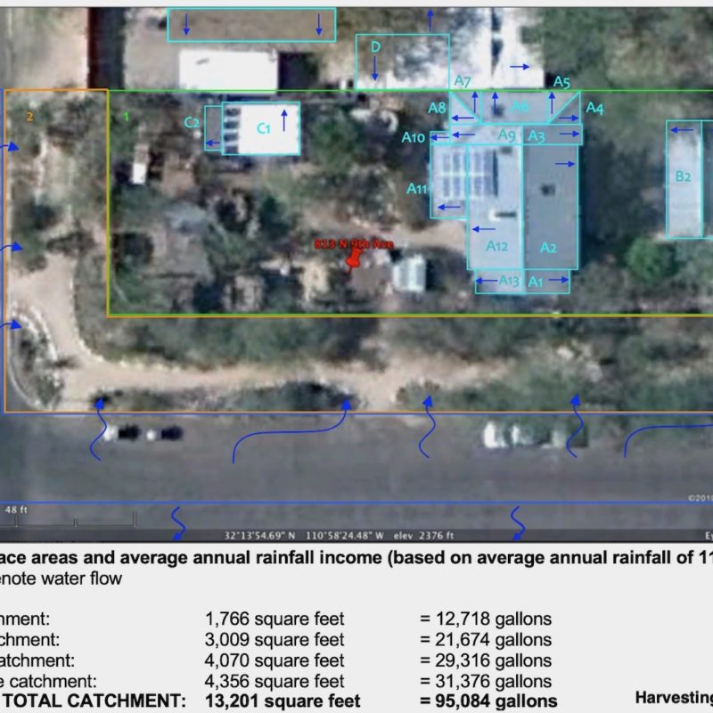 Google maps aerial photo of the rainwater catchment surfaces, their surface area, and average annual rainfall volumes at Lancaster property at 9th Avenue, Tucson, Arizona