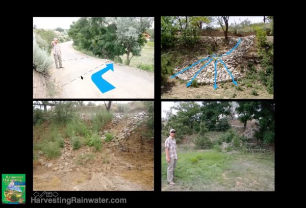 Rolling dip dirt road drain directing stormwater to rock-mulch rundown, Zuni bowl, and sheet flow spreader Santa Fe, New Mexico