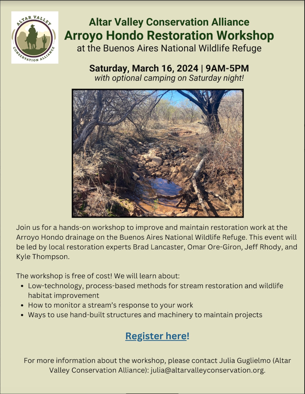 Flyer for Arroyo Hondo Restoration Workshop in Altar Valley, Arizona
